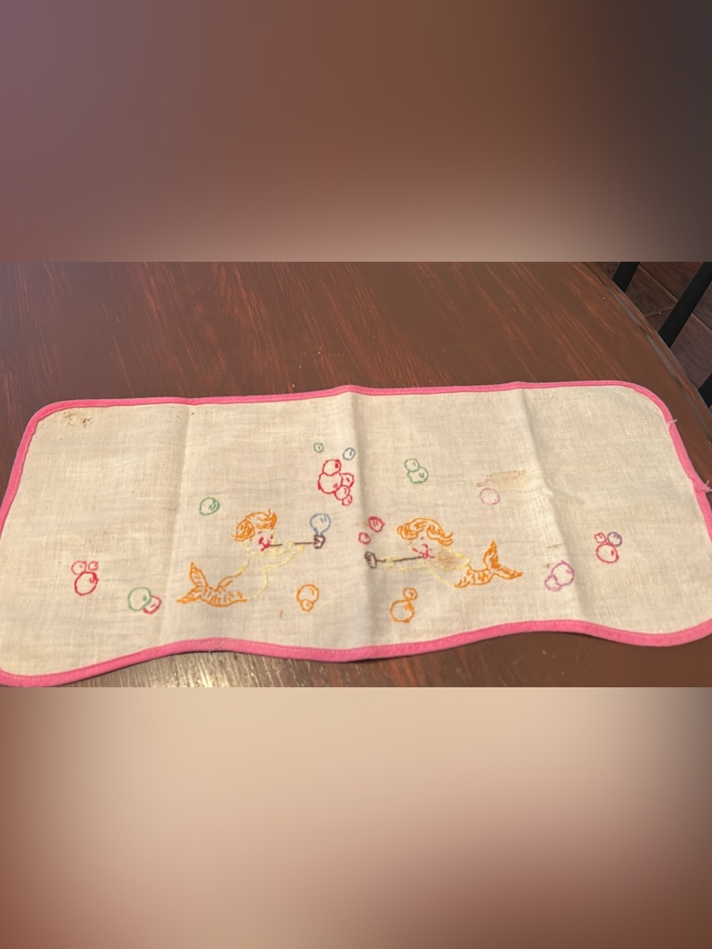 Embroidered Mermaid Cotton Cloth - Pink Trim 18 in by 8 in